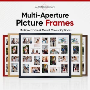 May include: Multi-aperture picture frames in red, gold, black, and brown. Each frame holds multiple photos with white matting. The frames are displayed with the text "Multi-Aperture Picture Frames" and "Multiple Frame & Mount Colour Options."