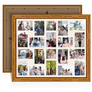 May include: A rectangular wooden picture frame with a light brown finish, featuring a white mat board with multiple openings. The frame displays a collage of various candid photographs showing groups of people, families, and children in outdoor settings.