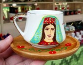 coffee cup with bamboo plate, Armenian girl face
