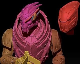 May include: A detailed 3D printed model of a sci-fi character in a seated pose. The character is wearing a purple and brown armor suit and holding a green weapon. The model is printed in multiple pieces and includes a separate helmet.