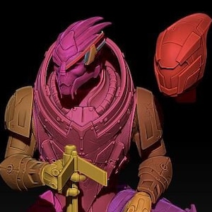 May include: A detailed 3D printed model of a sci-fi character in a seated pose. The character is wearing a purple and brown armor suit and holding a green weapon. The model is printed in multiple pieces and includes a separate helmet.