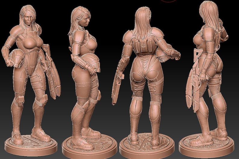 May include: Four detailed, unpainted, gray resin figurines of a female character wearing futuristic armor and holding weapons. The figurines are posed in different stances and are displayed on individual bases.