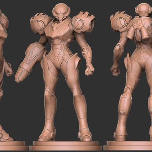 May include: A detailed 3D model of a futuristic, humanoid figure in a grey, sculpted, plastic material. The figure is posed in three different views, showing the front, side, and back of the figure.