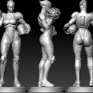 May include: A gray 3D printed figurine of a female figure in a futuristic suit holding a weapon. The figure is posed in three different stances.