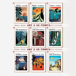Set di 3 stampe mitologiche greche in formato A5, set regalo di miti e leggende, decorazioni da parete con divinità, set di stampe per gallerie, set da 3