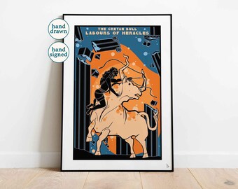 Cretan Bull Print: Heracles' Labours, Greek Mythology Wall Art (A4, A3)