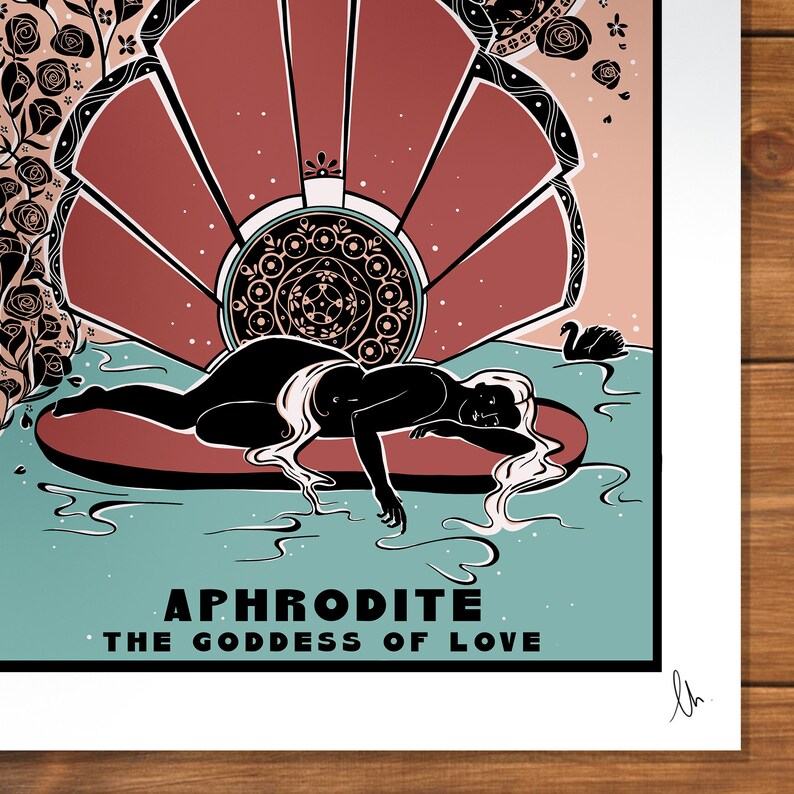 May include: Aphrodite, the Goddess of Love, is depicted in a black silhouette lying on a red shell in a teal blue water scene. The background features a red and white fan-shaped design with a black and white mandala in the centre.