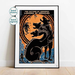 Cerberus Print: Heracles' Labours, Greek Mythology Wall Art (A4, A3) image 1
