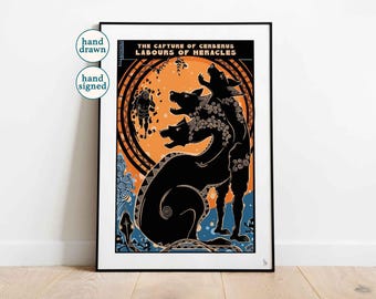Cerberus Print: Heracles' Labours, Greek Mythology Wall Art (A4, A3)