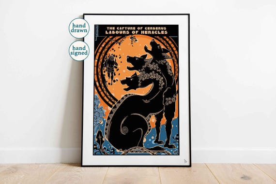 Cerberus Print: Heracles' Labours, Greek Mythology Wall Art (A4, A3)