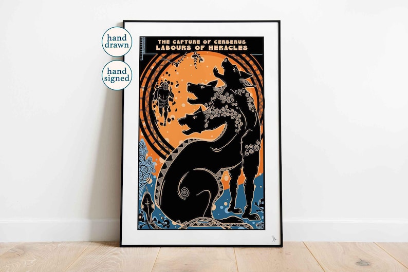 Cerberus Print: Heracles' Labours, Greek Mythology Wall Art (A4, A3) image 1