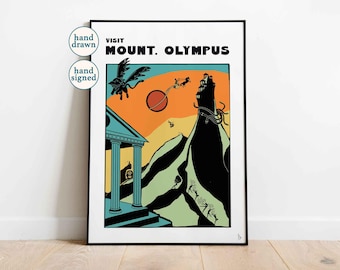 Póster de viaje "Visita el Monte Olimpo": Impresión artística retro de mitología griega (A4, A3, A2)