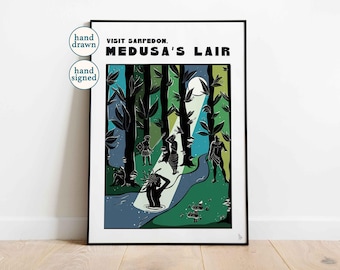 Visit Medusa's Lair: Retro Travel Poster, Greek Mythology Wall Art (A4, A3, A2)