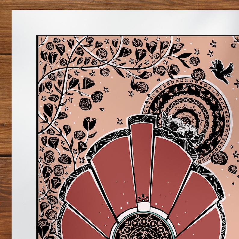 May include: A red and black mandala design with a floral border. The mandala is made up of concentric circles and petals. The floral border features black roses and leaves on a peach background.