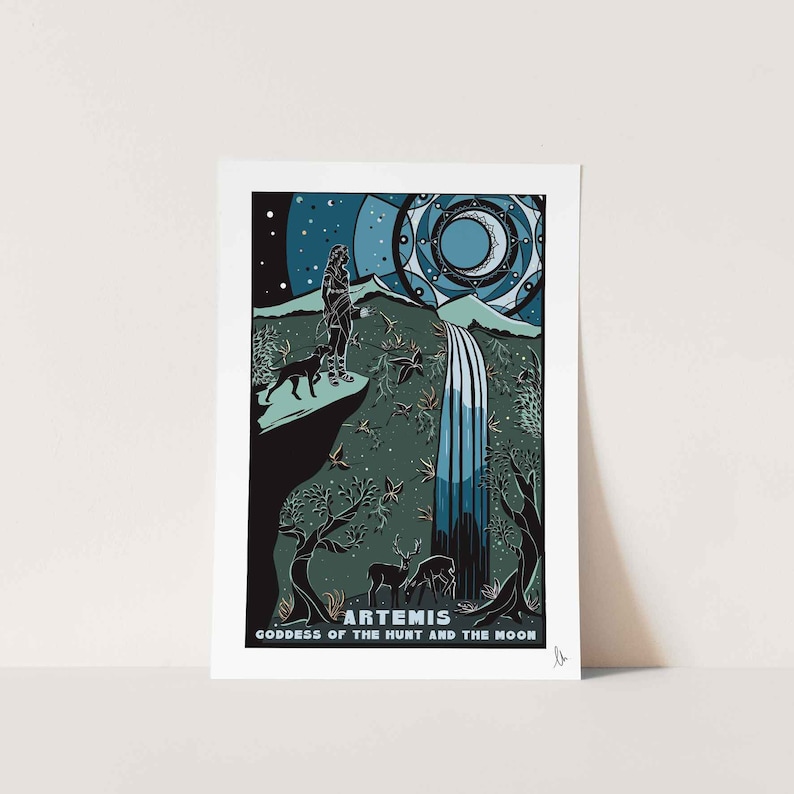 May include: A blue and green illustrated print of Artemis, the Greek goddess of the hunt and the moon. The image features Artemis standing on a cliff with a dog, looking towards a waterfall. The background includes a starry sky and a moon with a mandala design.