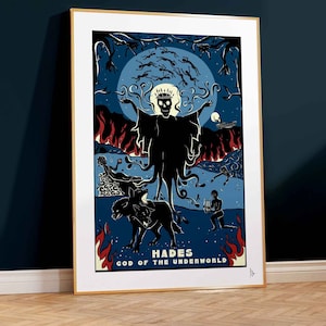 May include: A digital illustration of Hades, the Greek god of the underworld, depicted as a skeletal figure with a crown, standing in a fiery landscape with a three-headed dog and other figures. The text "Hades, God of the Underworld" is at the bottom of the image.