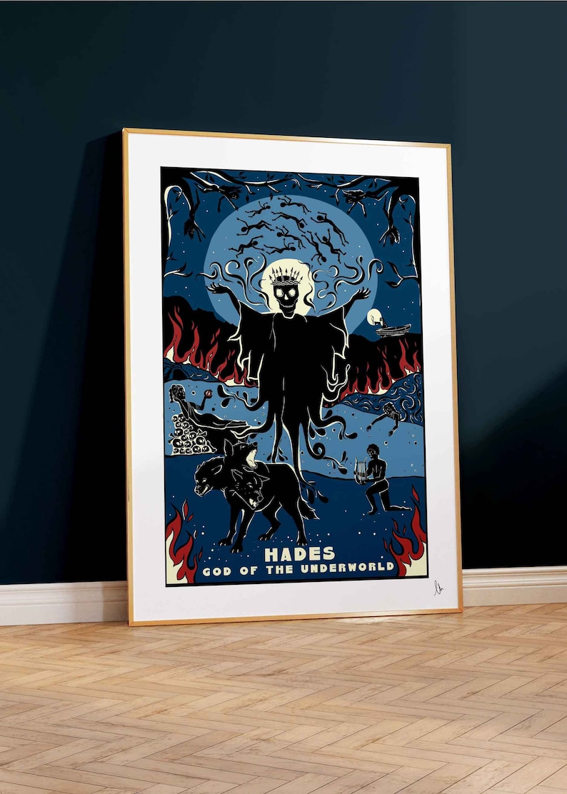 May include: A digital illustration of Hades, the Greek god of the underworld, depicted as a skeletal figure with a crown, standing in a fiery landscape with a three-headed dog and other figures. The text "Hades, God of the Underworld" is at the bottom of the image.