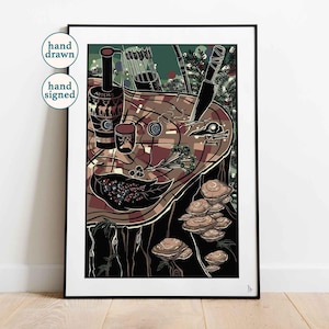 May include: Framed art print with a detailed illustration featuring a still life with a knife, mushrooms, and a bottle. The artwork is in shades of brown, green, and black, with the words "hand drawn" and "hand signed" on the frame.