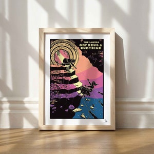 May include: A black and white illustration of Orpheus and Eurydice, with a colorful background. The text "THE LOVERS ORPHEUS & EURYDICE" is at the top of the image.