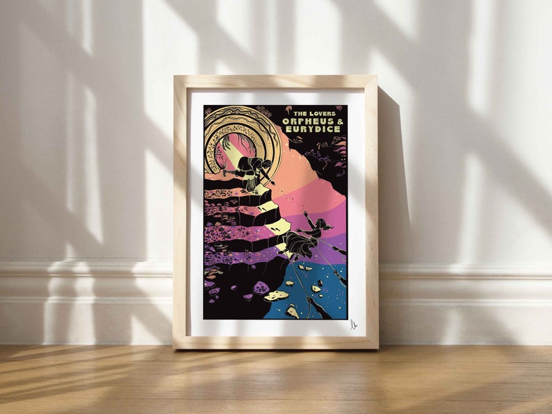 May include: A black and white illustration of Orpheus and Eurydice, with a colorful background. The text "THE LOVERS ORPHEUS & EURYDICE" is at the top of the image.