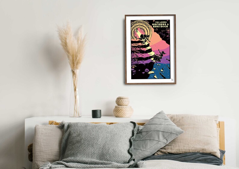 May include: A framed poster with a colorful illustration of a couple walking up a staircase. The poster is titled "The Lovers Orpheus & Eurydice".