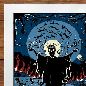 May include: A black and white illustration of a skeletal figure wearing a crown of thorns and a robe. The figure is surrounded by a dark blue background with a full moon and falling figures. The bottom of the image shows a red and orange fire.