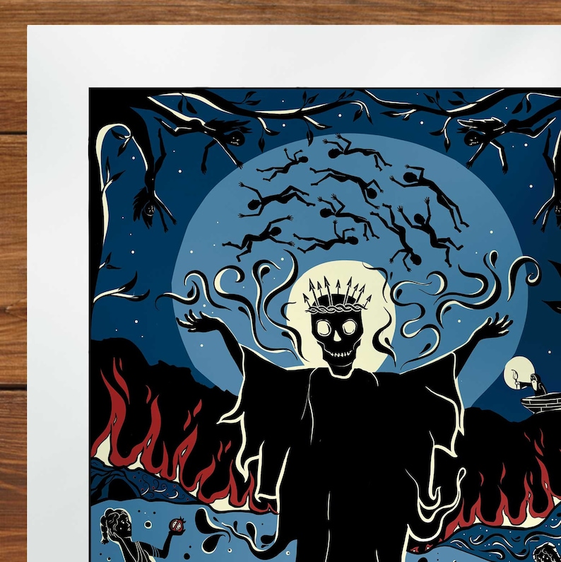 May include: A black and white illustration of a skeletal figure wearing a crown of thorns and a robe. The figure is surrounded by a dark blue background with a full moon and falling figures. The bottom of the image shows a red and orange fire.