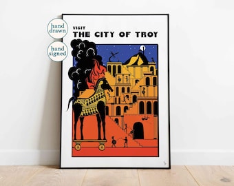 Visita la ciudad de Troya: Lámina de viaje, arte mural de mitología griega (A4, A3, A2)