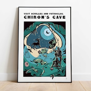 Achille e Patroclo, stampa della grotta di Chirone, arte della mitologia greca, poster di viaggio, decorazioni per la casa con dei e dee, stampa murale "Visita la Grecia", formato A4, A3