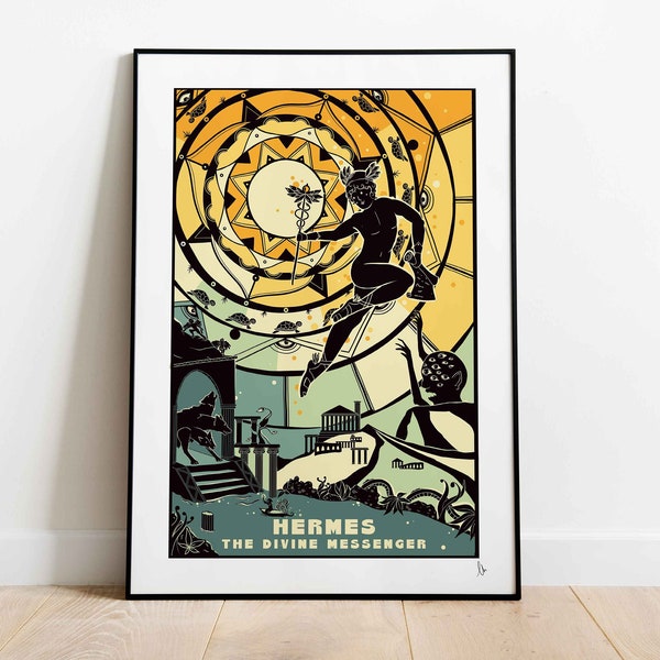 Hermes, The Divine Messenger: Greek Mythology Print, Gods and Goddess Home Decor, Myth Lover Gift, Graphic Wall Art, A4, A3