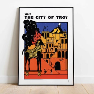 Città di Troia, Stampa di viaggio sulla mitologia greca, Stampa del cavallo di Troia, Arte murale di miti e leggende, Arredamento per la casa nell'antica Grecia, Visita Troia, A4, A3, A2