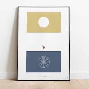 Ikarus griechische Mythologie Print, grafische minimalistische Wandkunst, The Fall Of Icarus Poster, Myth Inspired Print, Mythology Lover Gift, A4, A3