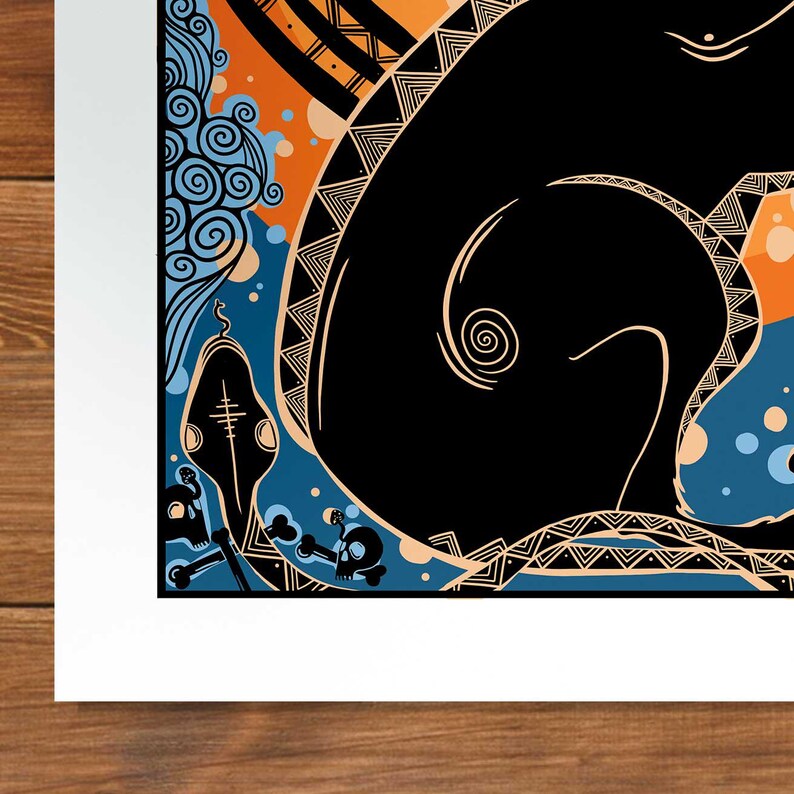 May include: A black and white illustration of a stylized animal with a swirling pattern on its back. The animal is surrounded by a blue and orange background with geometric shapes and skulls.