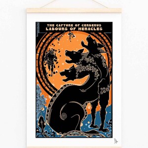 May include: A black and white illustration of the Greek myth of Hercules capturing Cerberus, the three-headed dog guarding the underworld. The image is set against a background of orange, blue, and white.