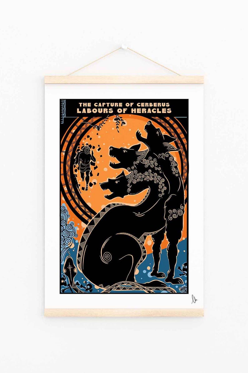 May include: A black and white illustration of the Greek myth of Hercules capturing Cerberus, the three-headed dog guarding the underworld. The image is set against a background of orange, blue, and white.