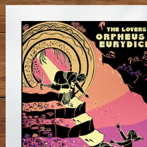 May include: A black and white illustration of Orpheus and Eurydice. Orpheus is playing a lyre and reaching out to Eurydice, who is reaching back towards him. The background is a gradient of pink, orange, and yellow.