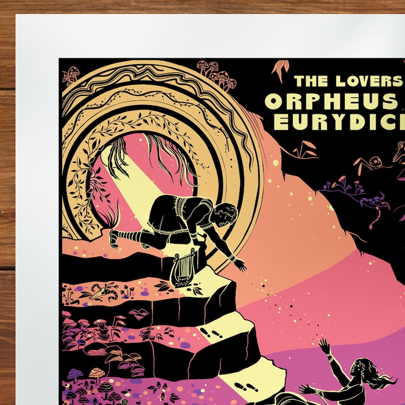 May include: A black and white illustration of Orpheus and Eurydice. Orpheus is playing a lyre and reaching out to Eurydice, who is reaching back towards him. The background is a gradient of pink, orange, and yellow.