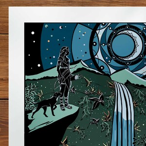 May include: A black and white illustration of a woman with a bow and arrow standing on a cliff overlooking a waterfall. The background is a dark blue sky with stars and a moon.