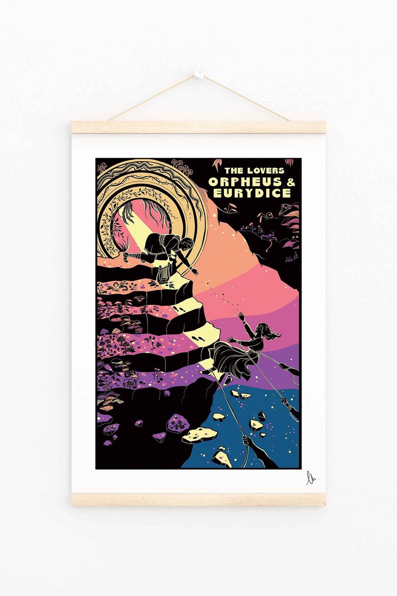 May include: A black and white illustration of Orpheus and Eurydice. Orpheus is playing a lyre and Eurydice is reaching out to him. The background is a colorful landscape with a circular portal.