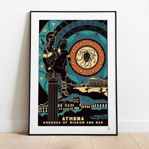 Atena, dea della saggezza e della guerra, stampa mitologica, decorazione per la casa con mitologia greca, arte murale di Atene, stampa grafica di dei e dee, A4, A3, A2
