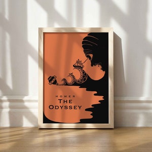 May include: A framed print with an orange background and black silhouette of a ship and waves. The text "HOMER THE ODYSSEY" is printed in black at the bottom.