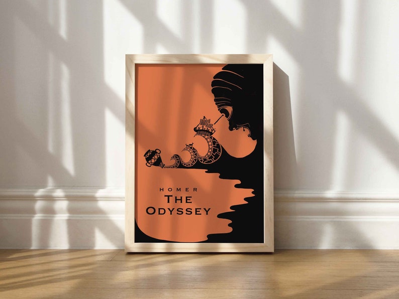 May include: A framed print with an orange background and black silhouette of a ship and waves. The text "HOMER THE ODYSSEY" is printed in black at the bottom.
