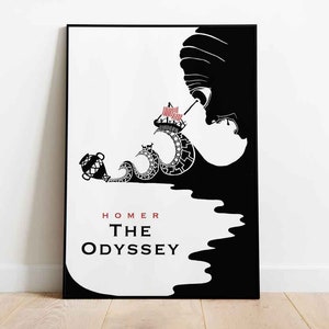 May include: Black and white illustration of a ship sailing through a wave with a giant's face in the background. The text "HOMER THE ODYSSEY" is printed below the image.