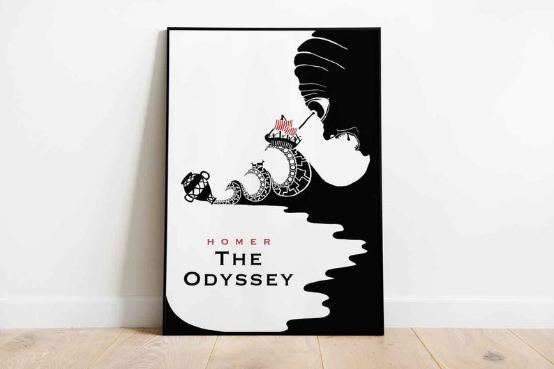 May include: Black and white illustration of a ship sailing through a wave with a giant's face in the background. The text "HOMER THE ODYSSEY" is printed below the image.