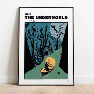Stampa The Underworld, poster di viaggio, stampa della mitologia greca, stampa digitale retrò, arredamento per la casa dell'antica Grecia, arte murale dei miti, A4, A3, A2