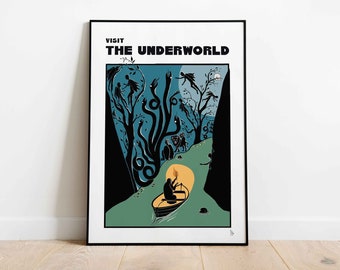 The Underworld Print, Travel Poster, Greek Mythology Print, Retro Digital Print, Ancient Greece Home Decor, Myths Wall Art, A4, A3, A2