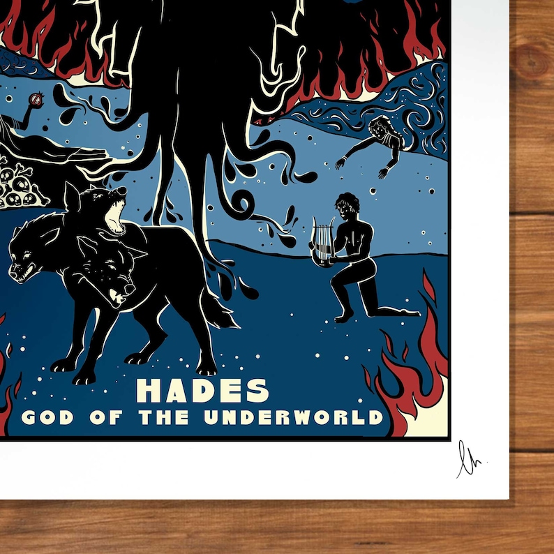 May include: A black and white illustration of Hades, the Greek god of the underworld. He is depicted as a muscular man with a beard, holding a lyre. He is surrounded by flames and a three-headed dog. The text "Hades, God of the Underworld" is written below the image.