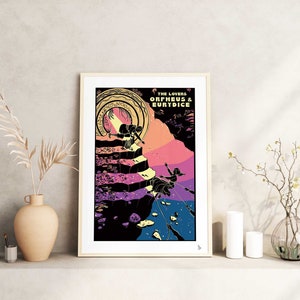 May include: A colorful illustration of Orpheus and Eurydice, a Greek myth about love and loss. The image features a swirling portal, a staircase, and a couple descending into the underworld. The text "The Lovers Orpheus & Eurydice" is at the top of the image.