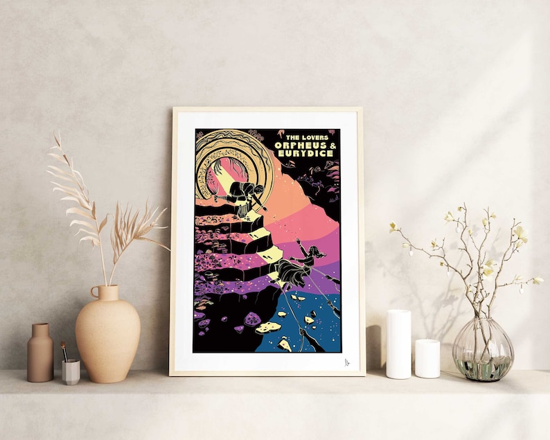 May include: A colorful illustration of Orpheus and Eurydice, a Greek myth about love and loss. The image features a swirling portal, a staircase, and a couple descending into the underworld. The text "The Lovers Orpheus & Eurydice" is at the top of the image.