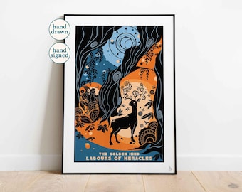 Lámina artística de la Cierva Dorada: Póster de la criatura mítica Heracles (A4, A3)